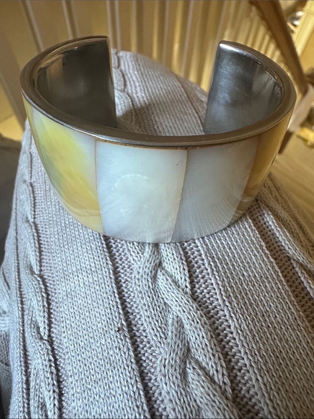 Inlay mother of Pearl Shell Cuff Bracelet in Cream and Pale Yellow
